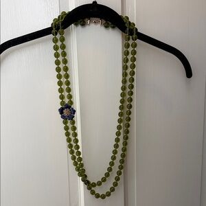 J. Crew Olive Green Double-Strand Beaded Necklace with Blue Flower Accent
